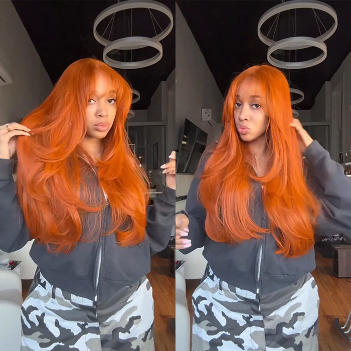 Ginger Color Layered Straight With Bangs Glueless Lace Front High Density Human Hair Wig- Rafarada