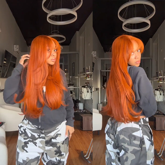 Ginger Color Layered Straight With Bangs Glueless Lace Front High Density Human Hair Wig- Rafarada