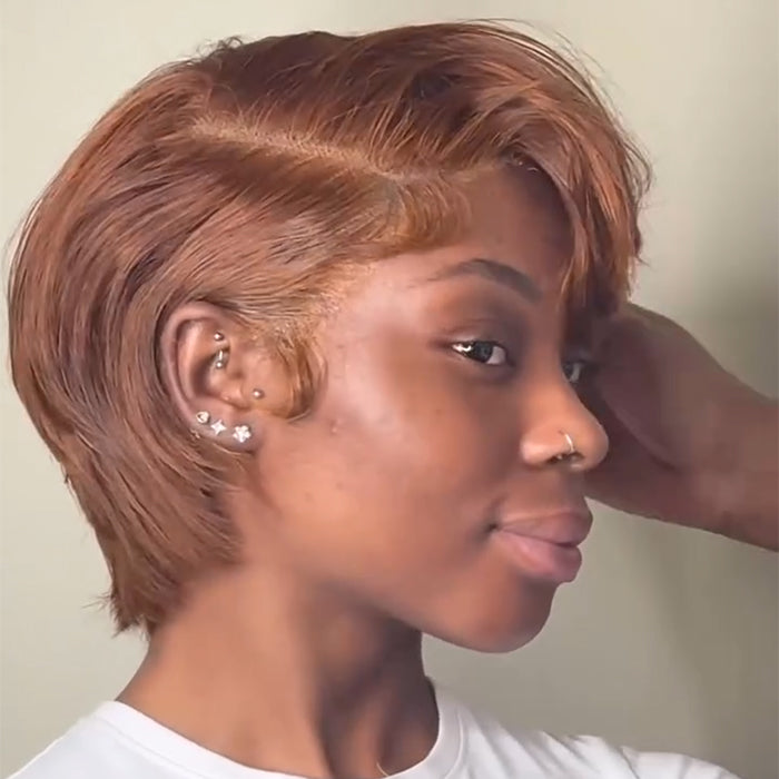Ginger Copper Pixie Cut Human Hair Wig Short Straight Side Part Bob Full Lace Wig for Women - Rafarada