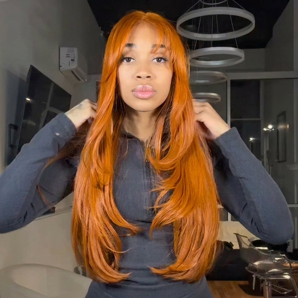 Golden Copper Layer Body Wave Human Hair Wig HD Lace Front Long Soft Waves Wig with Bangs  - Rafarada