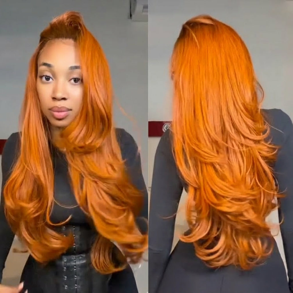 Golden Copper Layer Body Wave Human Hair Wig HD Lace Front Long Soft Waves Wig with Bangs  - Rafarada