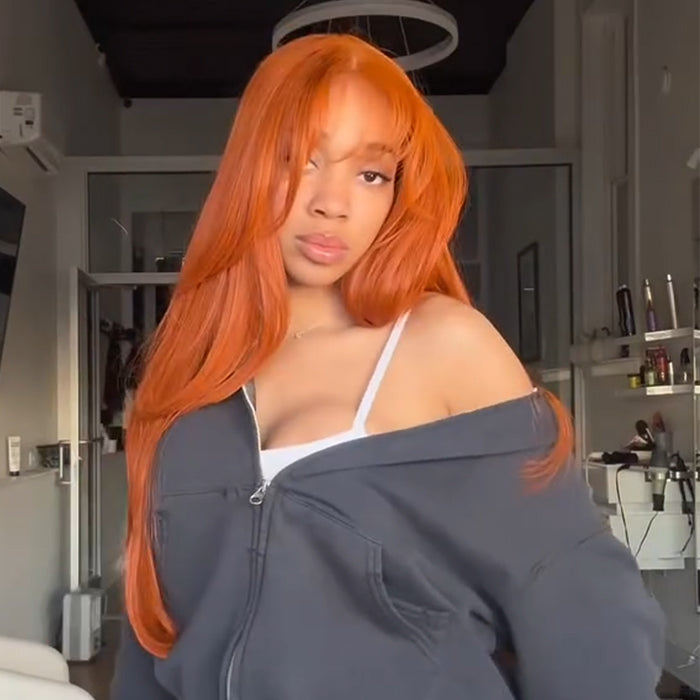 Ginger Color Layered Straight With Bangs Glueless Lace Front High Density Human Hair Wig- Rafarada