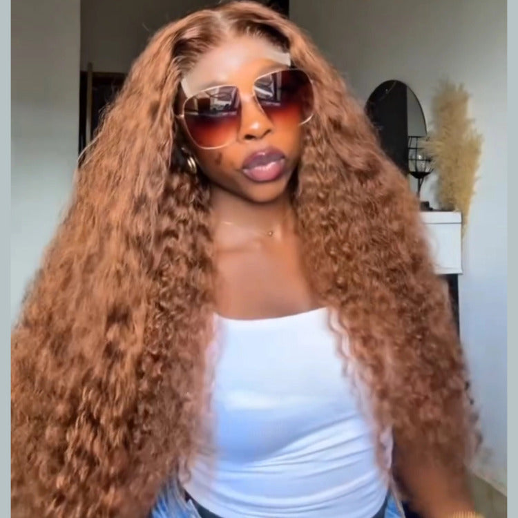 Golden Brown Color Deep Curly Wave Wig HD Transparent Lace Closure Wigs - Rafarada