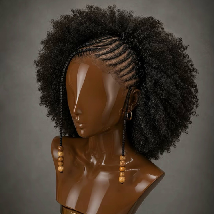 Custom Braided Cornrow Afro Kinky Curly Wigs for Black Women 13x4 Glueless Full Frontal Coily Half Braids Half Up Half Down Wig - Rafarada