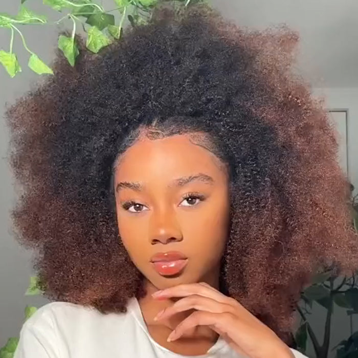 Ombre Black With Brown Color Afro Kinky Curly Human Hair Half Wig Glueless 3-In-1 Half Wig For Women- Rafarada