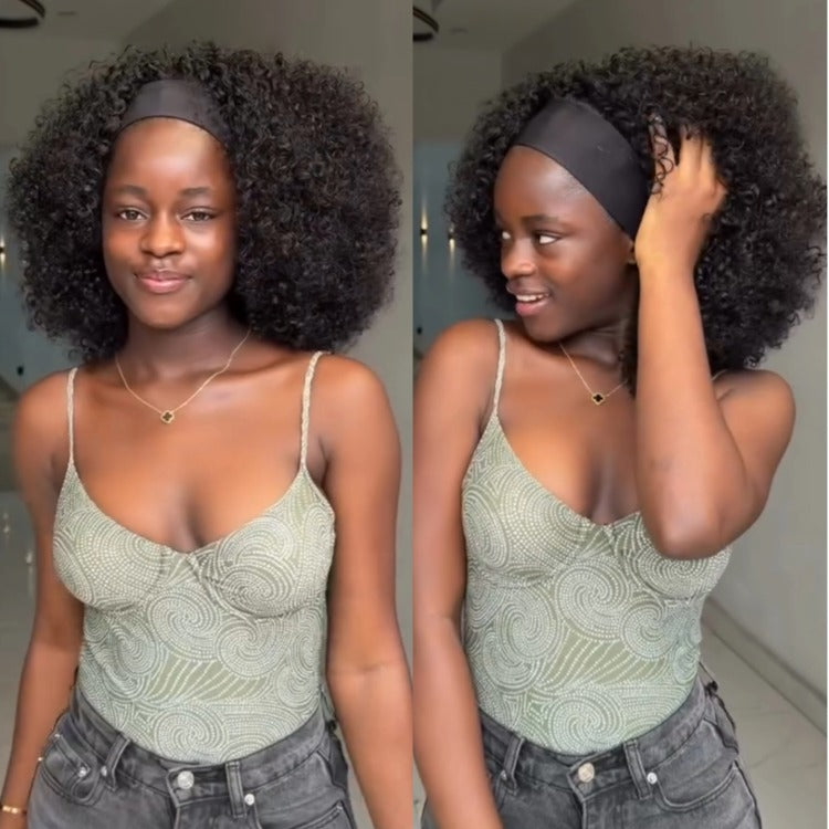 Afro Kinky Curly Headband Wig Human Hair Glueless None Lace Front Wigs Natural Black Bouncy Afro Curly Scarf Wig- Rafarada