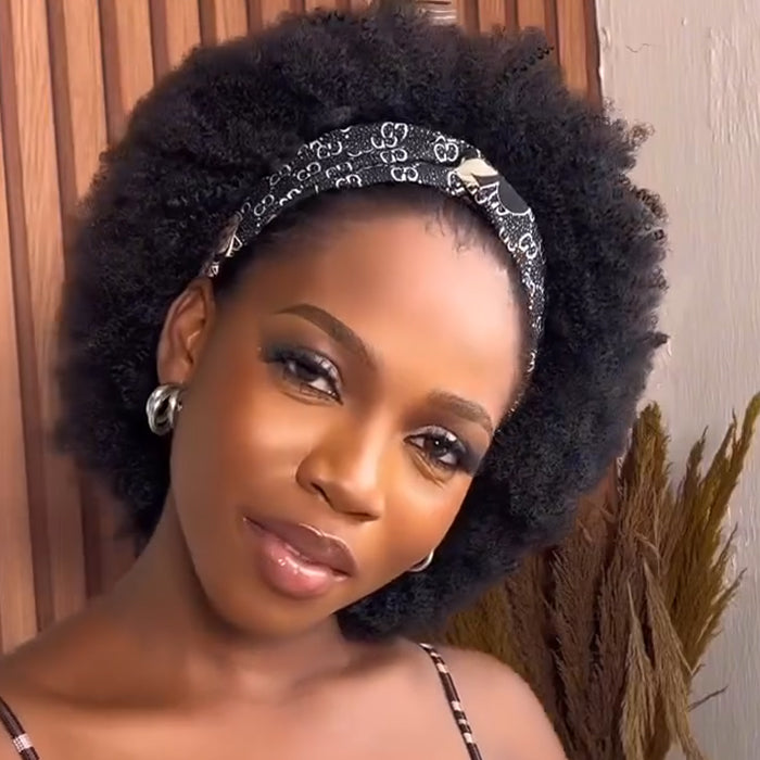 Afro Kinky Curly Headband Wig Natural Black Short Coily Puff Wig Beginner Friendly - Rafarada