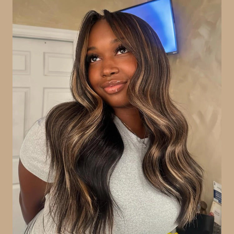 Brown Balayage Body Wave Lace Wig with Blonde Highlights High Density Human Hair - Rafarada