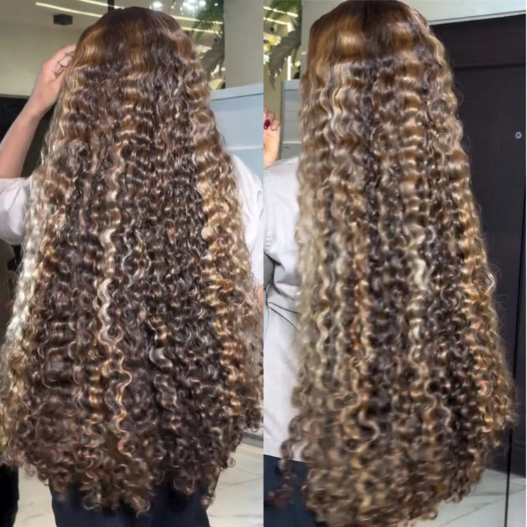 Honey Blonde Highlight Burmese Curly Lace Frontal Wig Brown Ombre Middle Part Human Hair Wig Luxury Piano Brown Mixed Blonde Wig - Rafarada