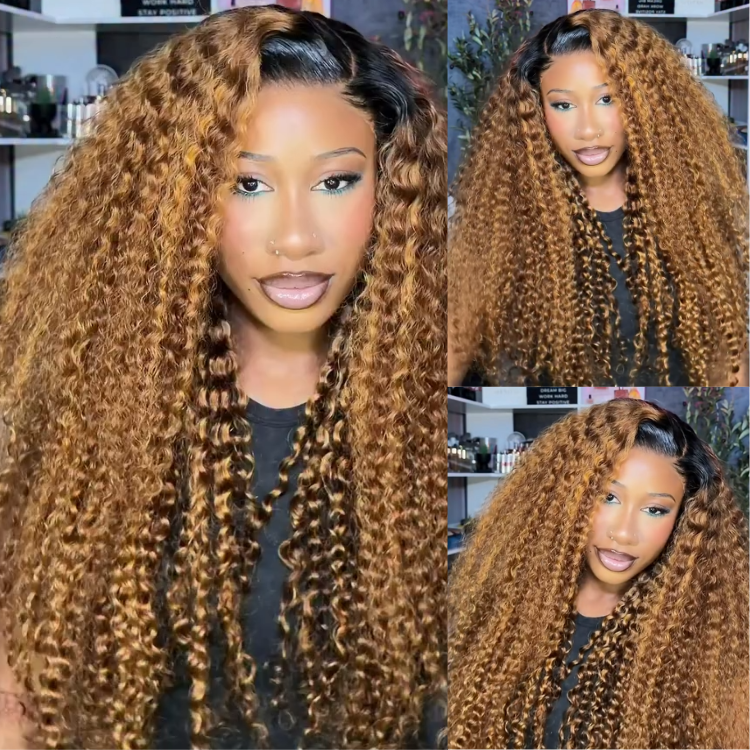 Ombre Brown Deep Curly Lace Front Human Hair Wigs Highlight Honey Brown Curly Glueless Lace Wig Pre-Plucked  - Rafarada