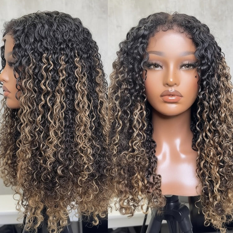Brown Highlight Curly Human Hair Wig Glueless Pre-Plucked Hairline Soft Tigh Curly Texture Beginner Friendly Lace Wig - Rafarada