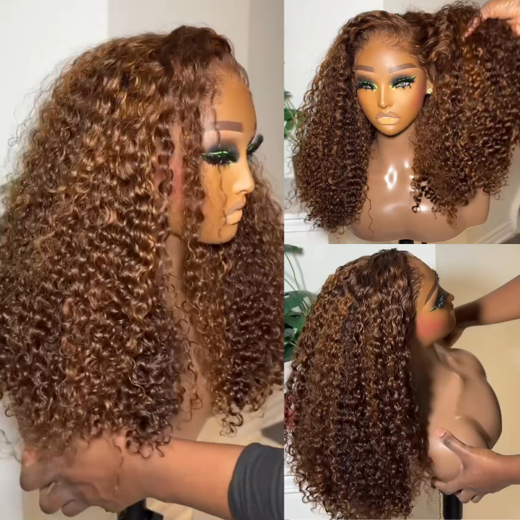 Brown Curly Lace Front Human Hair Wigs Pre-Plucked Glueless Highlight Brown Deep Curly Wig for Women - Rafarada