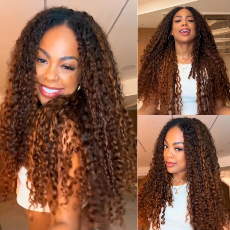 Highlight P4/27 Piano Color Curly Wig Lace Frontal Human Hair Wig Bouncy Ombre Brown Curly Wig Pre-plucked with Baby Hair - Rafarada