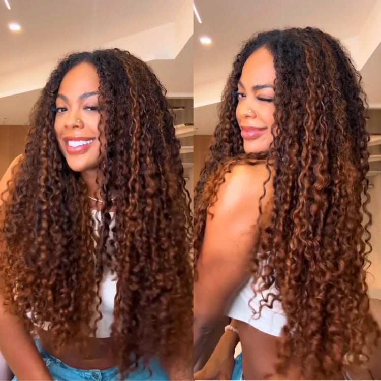 Highlight P4/27 Piano Color Curly Wig Lace Frontal Human Hair Wig Bouncy Ombre Brown Curly Wig Pre-plucked with Baby Hair - Rafarada