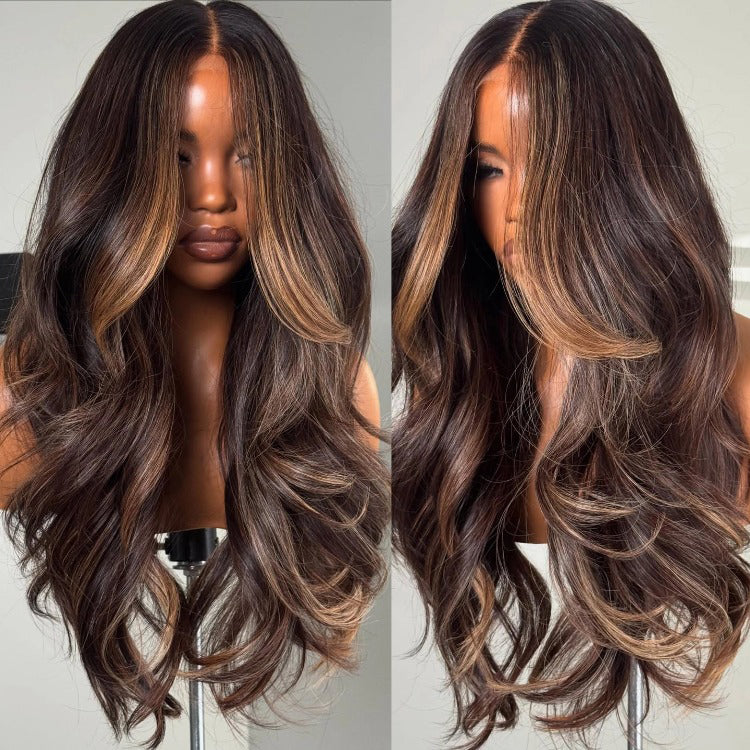 Dark Brown Loose Wave Wig with Blonde Face-Framing Highlights Human Hair Lace Wig - Rafarada