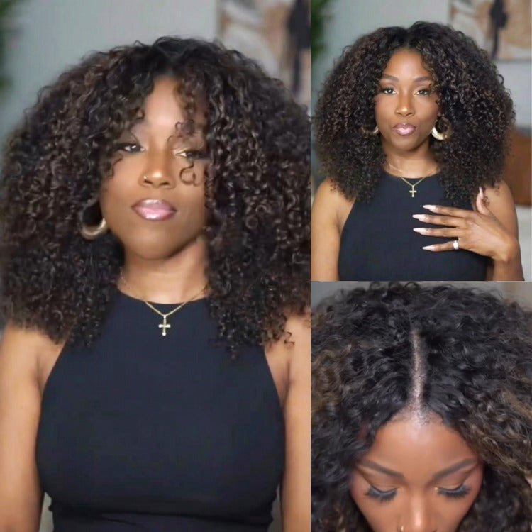 Afro Curly Hair V Part Wig Full And Thick Highlight Brown Color 100% Human Hair Wigs For Beginner Friendly- Rafarada