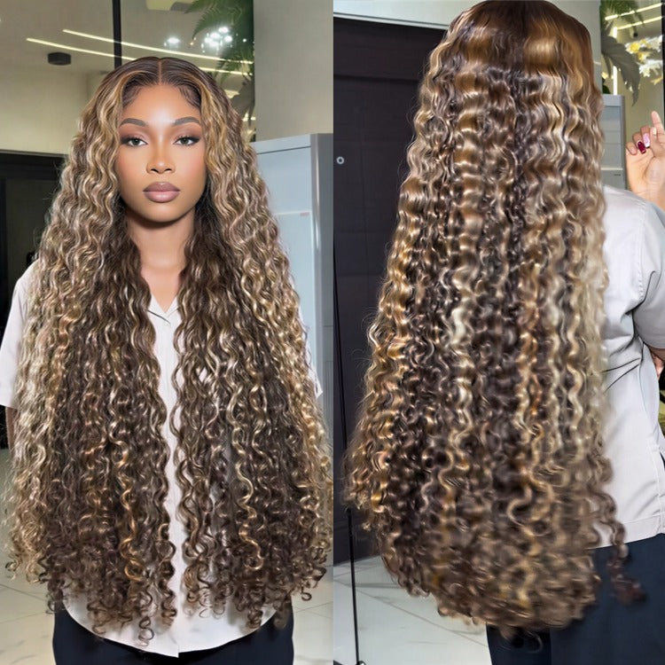 Honey Blonde Highlight Burmese Curly Lace Frontal Wig Brown Ombre Middle Part Human Hair Wig Luxury Piano Brown Mixed Blonde Wig - Rafarada