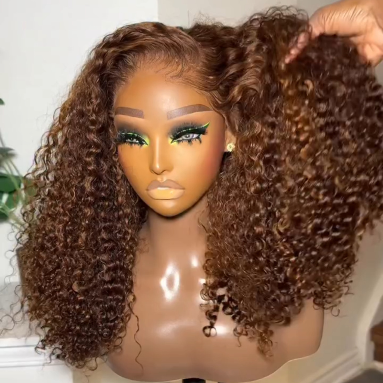 Brown Curly Lace Front Human Hair Wigs Pre-Plucked Glueless Highlight Brown Deep Curly Wig for Women - Rafarada