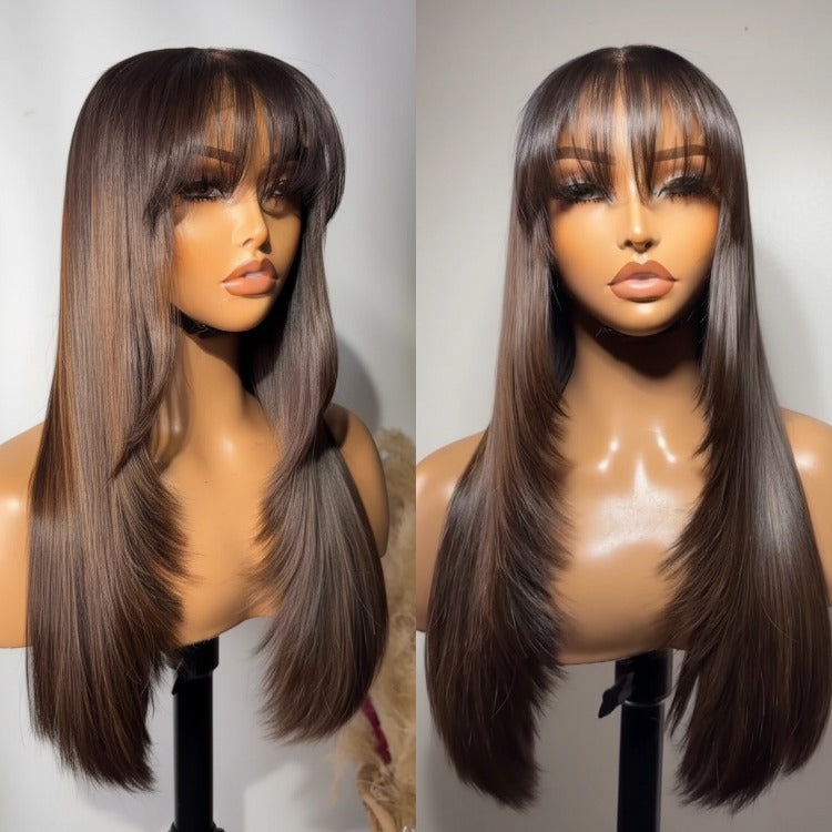 Lace Wig with Bangs Highlight Human Hair Layered Straight Hair Free Part Human Hair - Rafarada