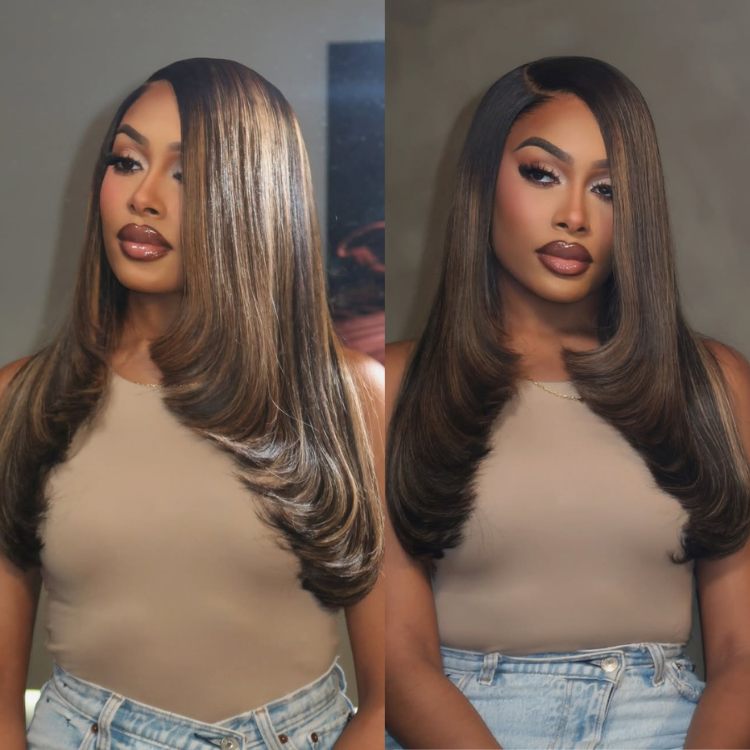 Caramel Brown Highlights Layered Straight Wig Lace Frontal Ombre Brown Human Hair Wig Pre-Plucked Face Framing Layers Wig - Rafarada