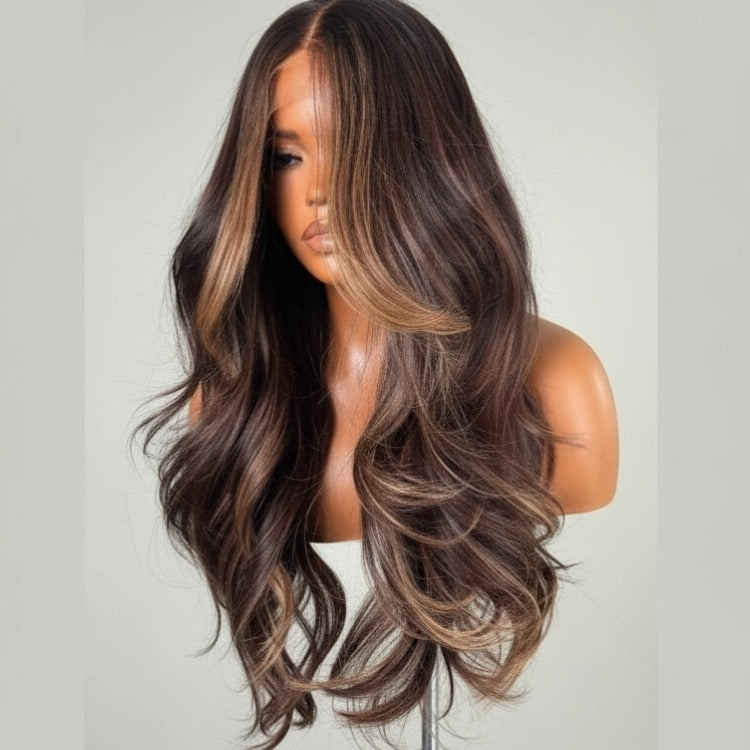 Dark Brown Loose Wave Wig with Blonde Face-Framing Highlights Human Hair Lace Wig - Rafarada