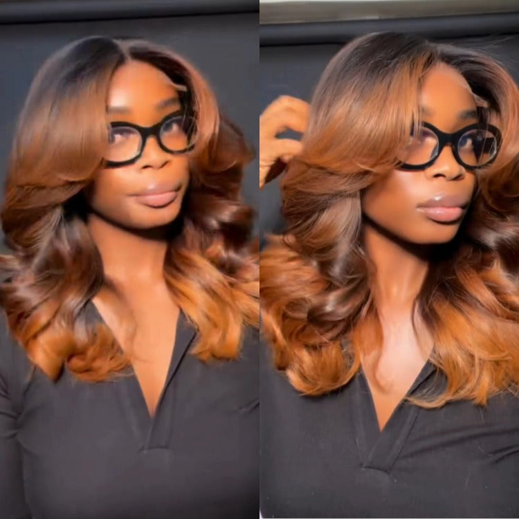 Ombre Caramel Copper Balayage Loose Wave Lace Front Human Hair Wigs Pre-Plucked Bouncy Butterfly Cut Layered Wig - Rafarada