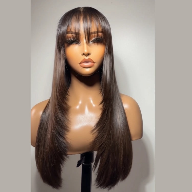 Lace Wig with Bangs Highlight Human Hair Layered Straight Hair Free Part Human Hair - Rafarada