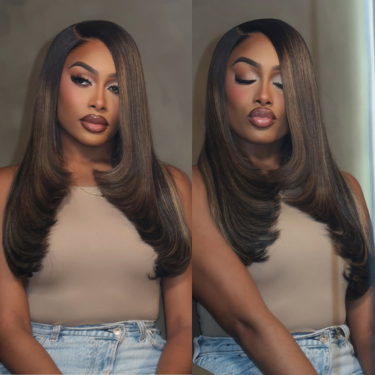 Caramel Brown Highlights Layered Straight Wig Lace Frontal Ombre Brown Human Hair Wig Pre-Plucked Face Framing Layers Wig - Rafarada