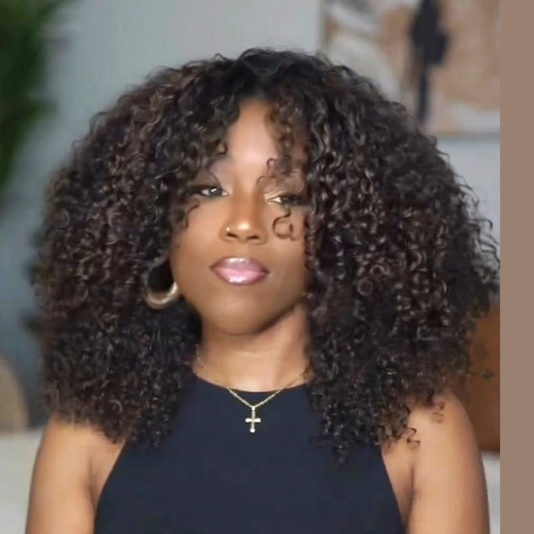 Afro Curly Hair V Part Wig Full And Thick Highlight Brown Color 100% Human Hair Wigs For Beginner Friendly- Rafarada