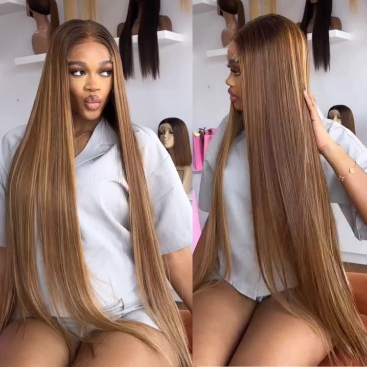 Straight Human Hair Highlight Color Wig Pre Cut Glueless HD Lace Wig - Rafarada