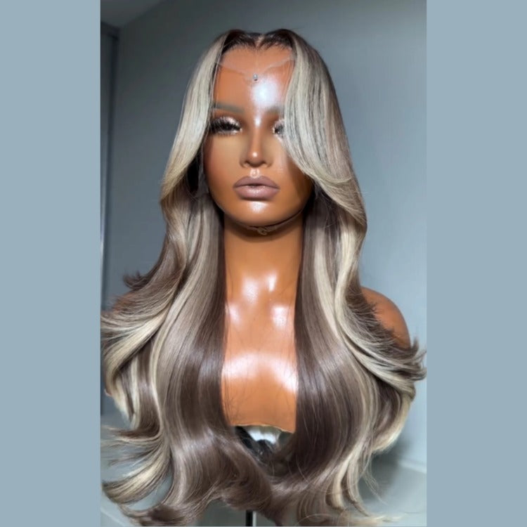 Blonde Highlight Color High Density 13x4 Lace Front Skunk Stripe End Curl Human Hair wig- Rafarada
