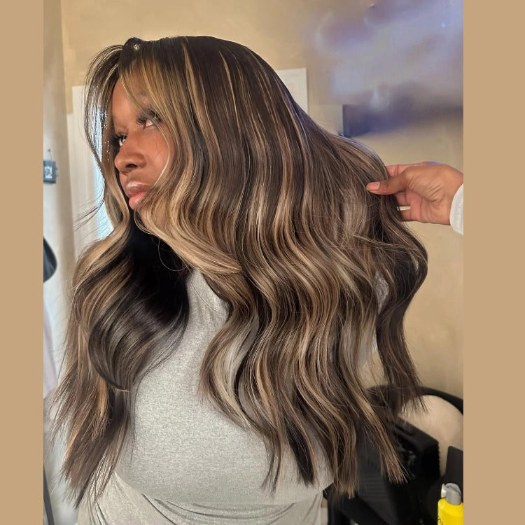 Brown Balayage Body Wave Lace Wig with Blonde Highlights High Density Human Hair - Rafarada
