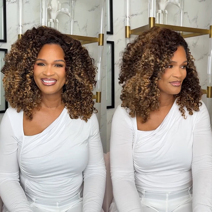 Honey Blonde Highlights on Dark Brown Small Deep Wave Human Hair Wig High Density Bouncy Curls Wig - Rafarada