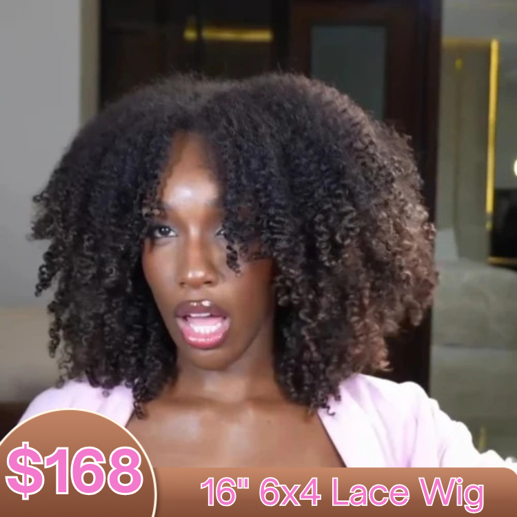 Glueless Afro Curl Human Hair Lace Front Wig Natural Black & Highlight Brown Afro Textured With 4C Edges - Rafarada