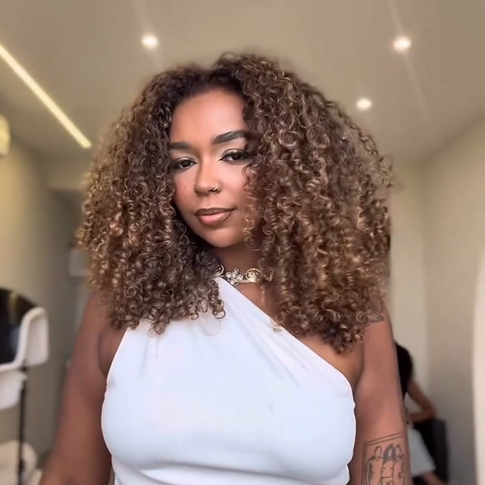 Highlight Honey Blonde Afro Curly Human Hair Wigs Ombre Brown Mixed Blonde Wigs for Women - Rafarada
