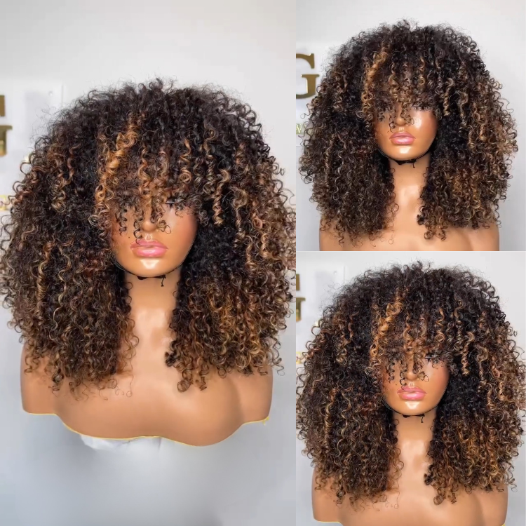 Glueless Chocolate Brown Afro Small Curly Wig with Bangs 6x4 Lace Ombre Brown Human Hair Wigs Bouncy Jerry Curl Fringe Wig Pre-Plucked & Beginner Friendly - Rafarada