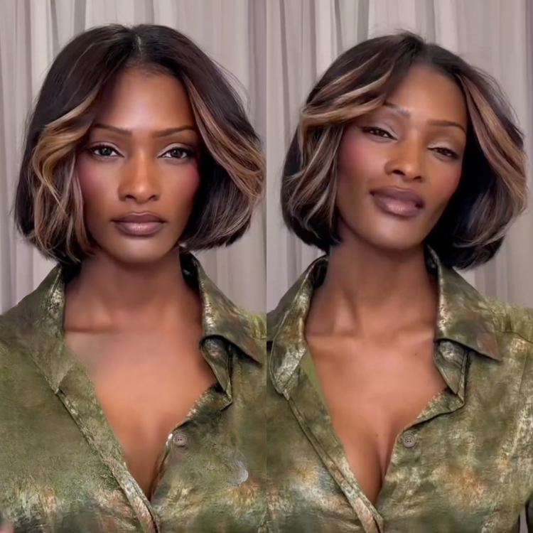 Honey Blonde Highlight Layered Bob Wig Natural Black with Blonde Bouncy Flip Bob - Rafarada