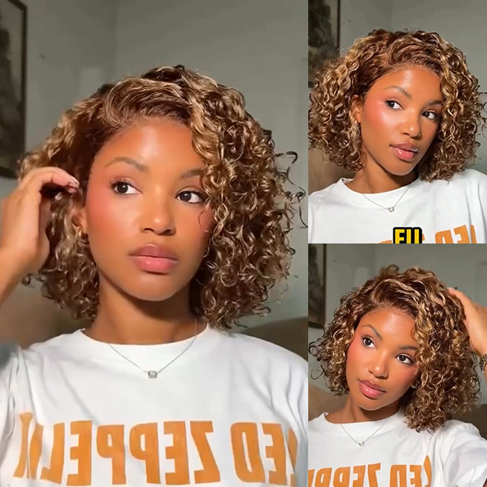 Honey Caramel Blonde Highlighted Short Curly Bob Wig Glueless Water Wave Lace Front Human Hair Wig - Rafarada