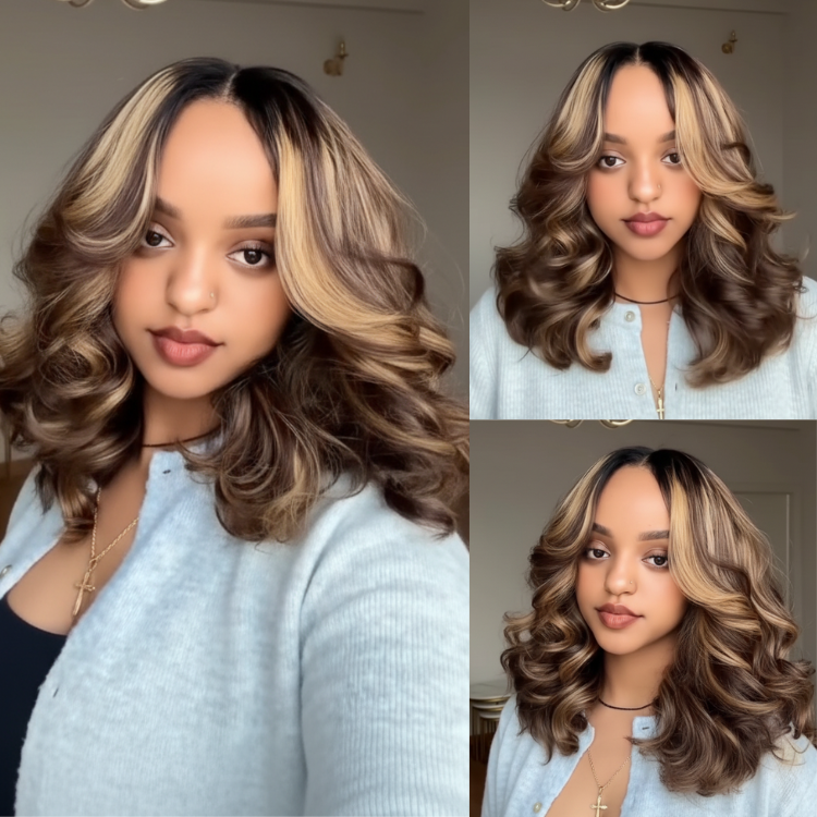Honey Blonde Highlight Body Wave Human Hair Wig Money Piece Highlight Color Voluminous Curls Lace Frontal Dark Brown Balayage Wig - Rafarada