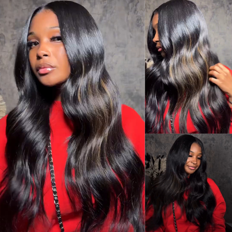 Glueless Loose Body Wave Lace Front Wig - Natural Black with Brown Highlights 100% Human Hair HD Lace Wigs for Women- Rafarada
