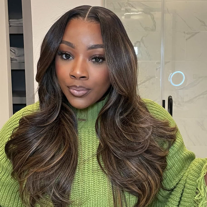 Ash Brown Highlight Lace Front Human Hair Wigs Body Wave Butterfly Cut Layered Hair Glueless Brown Balayage Wigs for Women - Rafarada