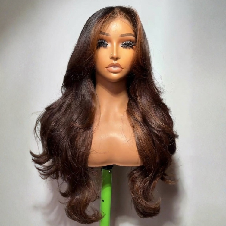 Balayage Brown Body Wave Lace Wig Pre-Plucked Natural Hairline Highlight Dark Brown Loose Wave Human Hair - Rafarada