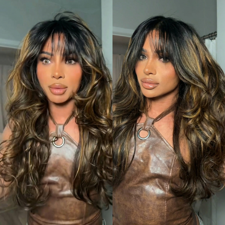 Long Bouncy Body Wave Highlight Brown Wig with Bangs Glueless Face Framing Human Hair Wig - Rafarada