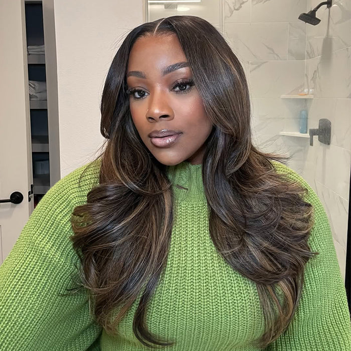 Ash Brown Highlight Lace Front Human Hair Wigs Body Wave Butterfly Cut Layered Hair Glueless Brown Balayage Wigs for Women - Rafarada