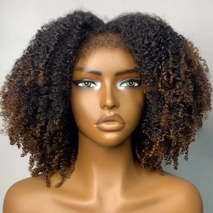 Ombre Brown Color Afro Curly Wig With Bangs Glueless Human Hair Wig 250% Density Wig With 4C Edges Easy To Wear For Woman- Rafarada