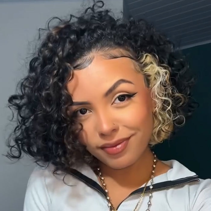 Highlight Color Big Bouncy Curly Wave Transparent Lace Front Human Hair Wigs Blonde Hair Short Bob Wig- Rafarada