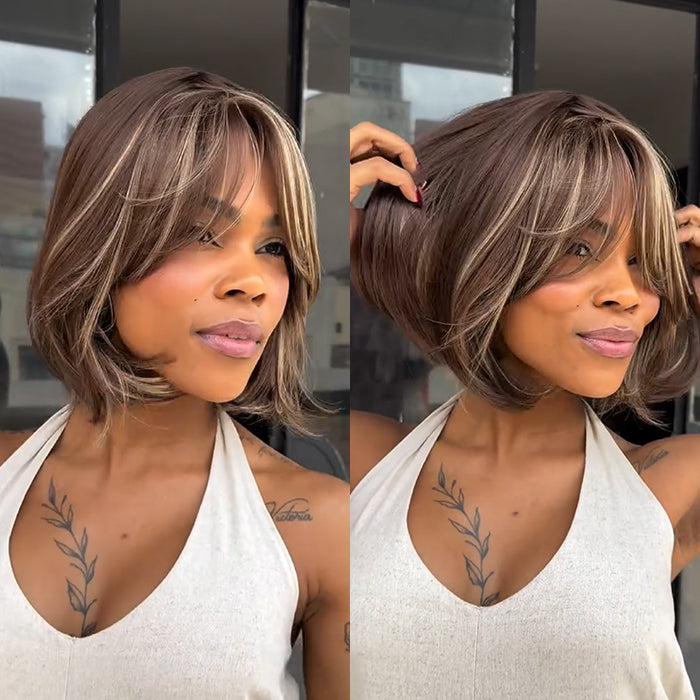 Highlight Honey Blonde Color Short  Bob Wig Straight Human Hair Wig Glueless Lace Wig With Blonde Hairline For Woman - Rafarada