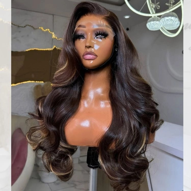 Dark Brown Highlight Color Body Wave Wig 100% Human Hair Glueless Natural Hairline Wig - Rafarada