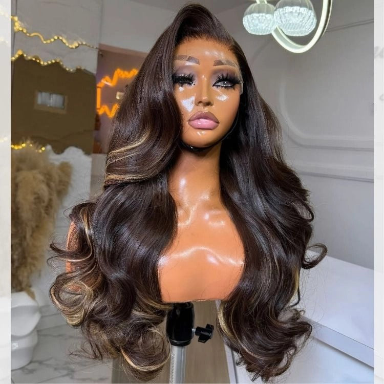 Dark Brown Highlight Color Body Wave Wig 100% Human Hair Glueless Natural Hairline Wig - Rafarada