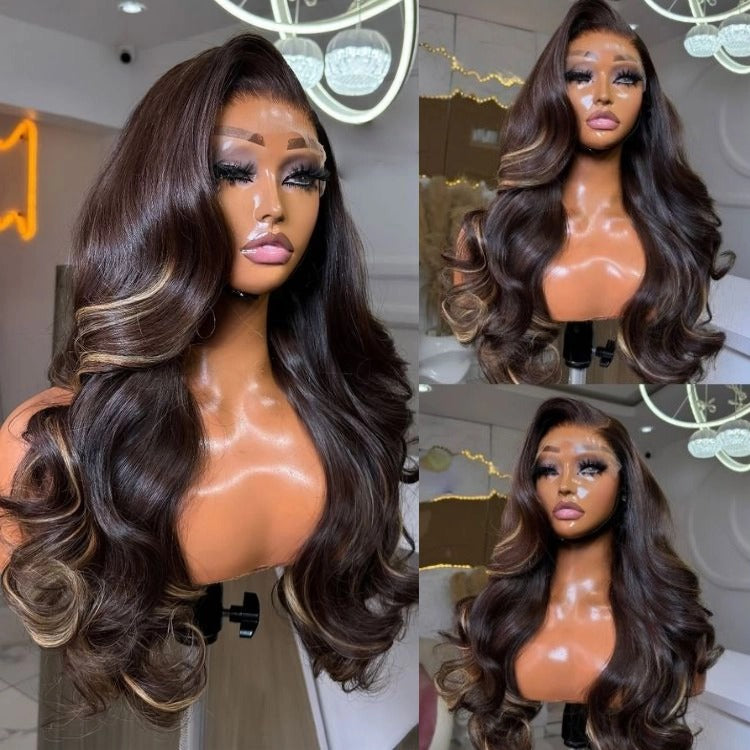 Dark Brown Highlight Color Body Wave Wig 100% Human Hair Glueless Natural Hairline Wig - Rafarada